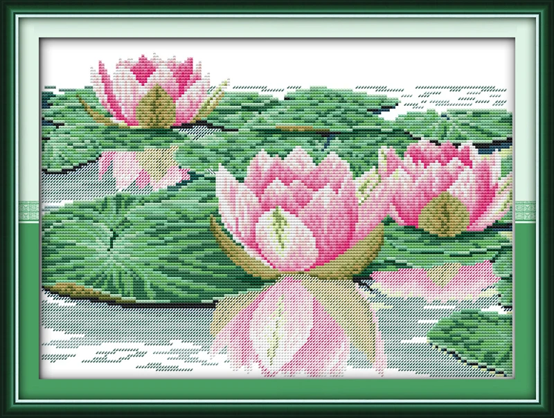 Beautiful lotus flowers DMC cross stitch kits 14ct white 11ct print on