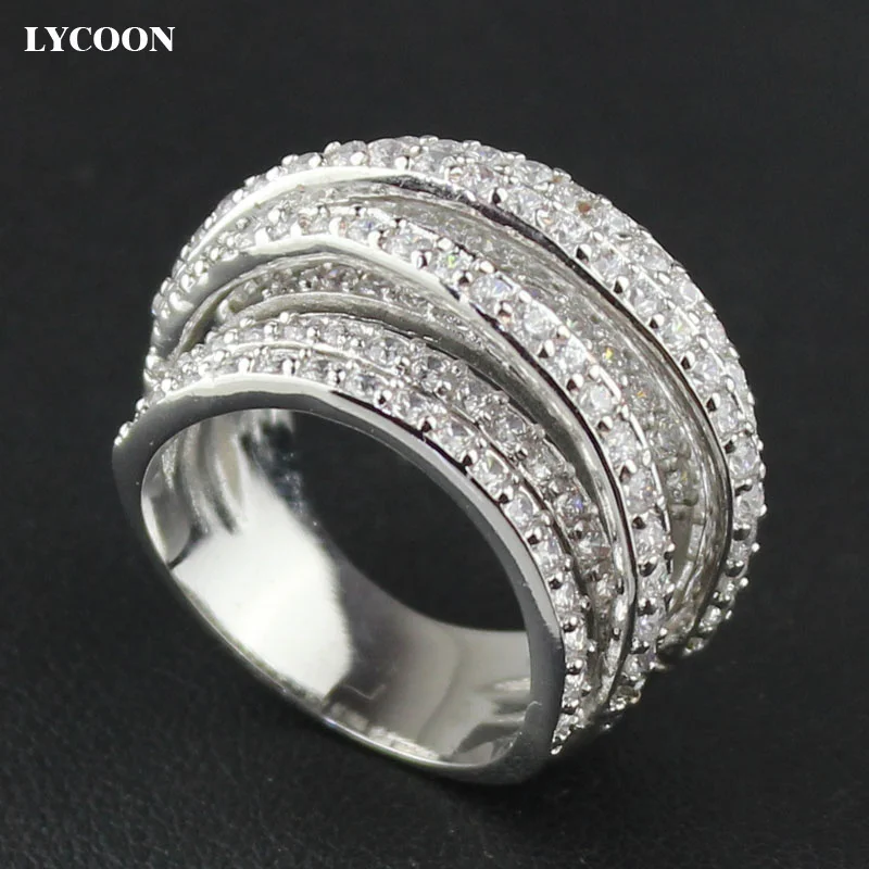 LYCOON newest elegant strip style irregular wedding rings silver plated prong setting Cubic Zirconia luxury party ring for women