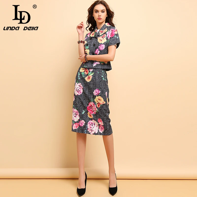 

LD LINDA DELLA Autumn Fashion Suits Women's Elegant Short Sleeve Floral Printed Tops and Vintage Back split Skirt Two Pieces Set