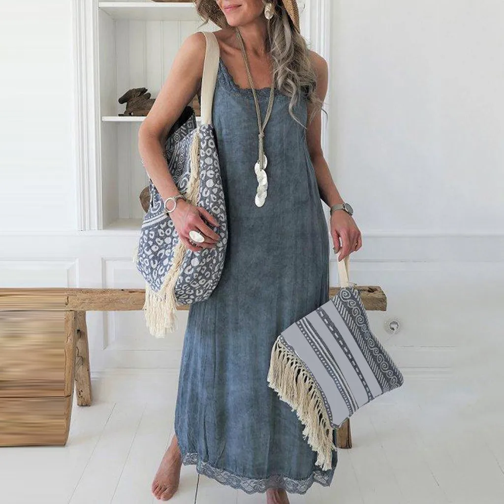 

Women Summer Casual Solid Sleeveless Dress Lace Splice Strap Long Dress robe femme vestidos femininos lace dress