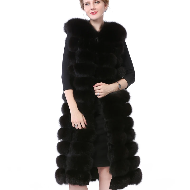 Women's Long Real Fur Black Vest Natural Fox Fur Vest With Detachable Bottom Wearing 110CM Vest