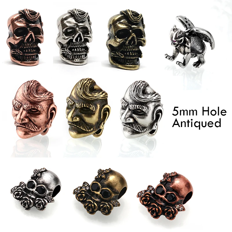 

Copper Skull Bead DIY Pendant Bracelet Lanyard Paracord Bead Antique Silver Gold rose Bronze Skull Findings Beads 5 mm Hole