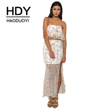 

HDY Haoduoyi Brand 2020 Women Sexy Gold Skirts Squine Split Side Slim Female Beading Buttoms Mesh Sheer Skirts