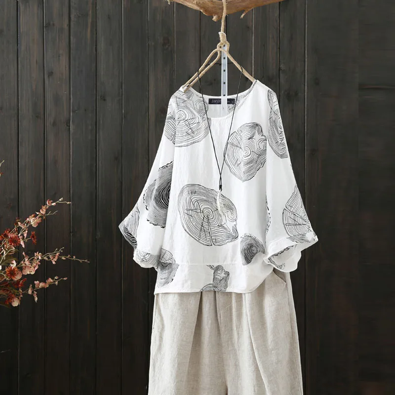Женская блузка, ZANZEA, винтажные топы с цветочным принтом, летняя рубашка, Женская Осенняя блуза с рукавом, женская одежда, туника, топы - Цвет: Белый