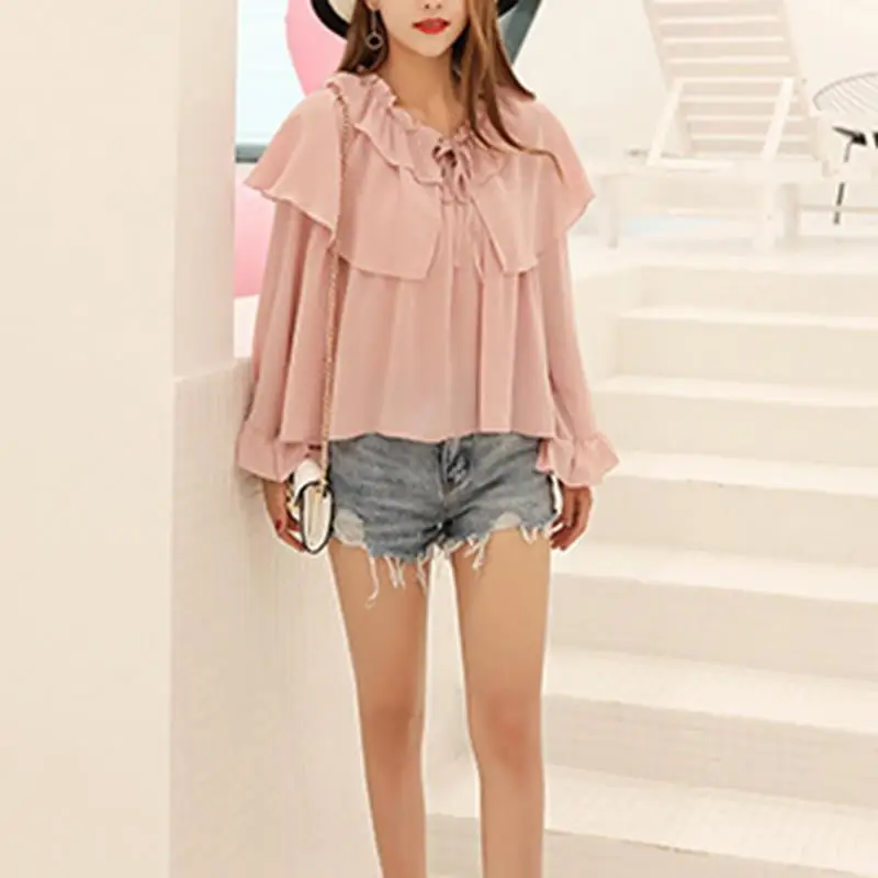 Summer White Chiffon Blouse Sweet Peter Pan Collar Bow