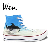 Вэнь синяя ручная роспись обувь дизайн пользовательские акула в синем море высокие мужские женские парусиновые кроссовки для дня рождения подарки