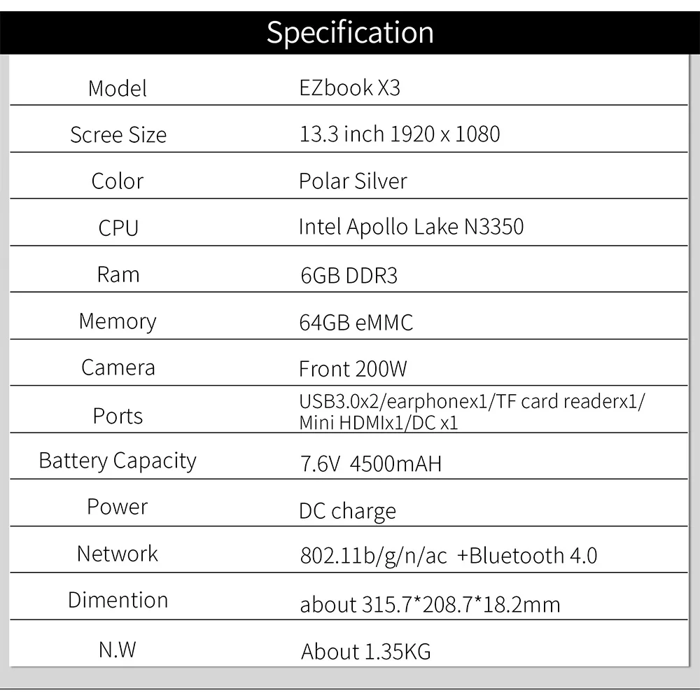 Jumper EZbook X3 Ноутбук 13,3 дюймов ips дисплей ноутбук 6 ГБ 64 Гб eMMC Intel Apollo Lake N3350 2,4G/5G WiFi с M.2 SATA SSD слотом