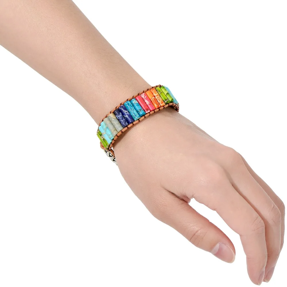 Chakra Bracelet Jewelry Handmade Rainbow Natural Stone Tube Beads Leather Wrap Bracelet Couples Bracelets Creative Gifts Chakra Bracelet Jewelry Handmade Rainbow Natural Stone Tube Beads Leather Wrap Bracelet Couples Bracelets Creative Gifts