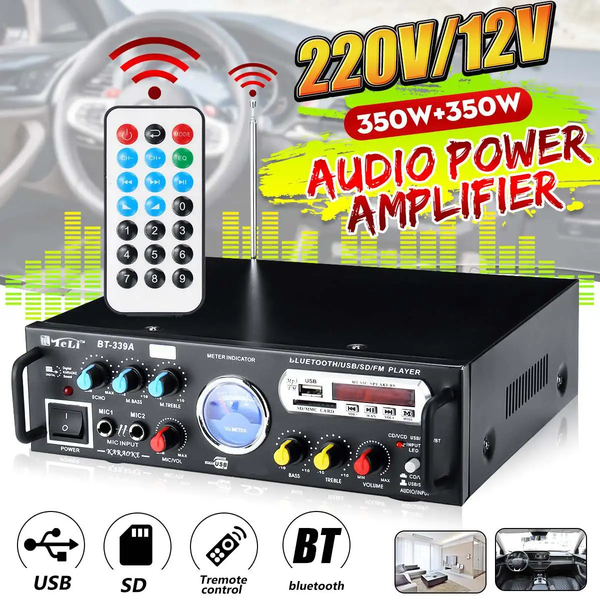 

Car Home Amplifiers Audio bluetooth Amplifier FM Stereo Radio Home Theater Sound System Speaker Mini HiFi Amplifier VU meter