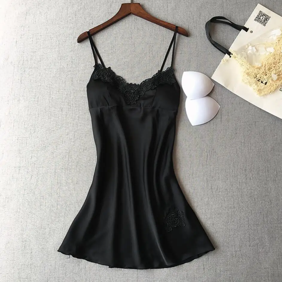 Соблазнительное женское белье Спагетти ремень рукавов шелковые ночные сорочки Ночная рубашка с v-образным вырезом тонкий гостиная Мини пижамы трусы - Цвет: Black sleepwear