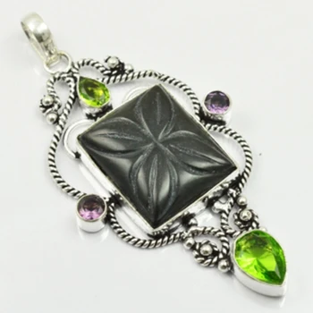 

Peridots & carved-Flower & Amethysts Pendant Silver Overlay over Copper , 18.5mm, P6377