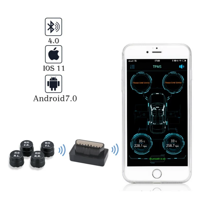 

Car Tire Pressure Monitoring System Wireless TPMS External Sensors Real Time Temperature Alarm Bluetooth 4.0 APP Display