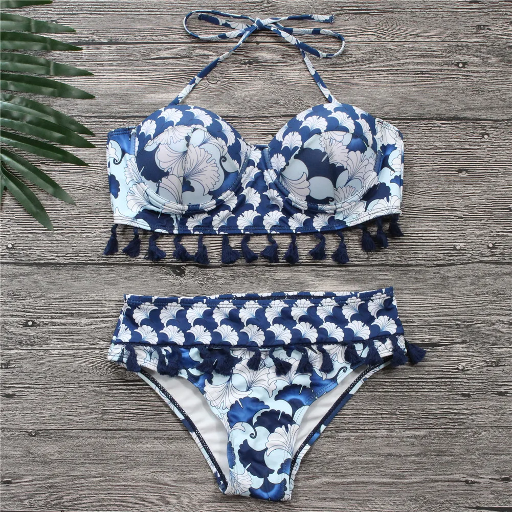 Bikinis Women Blue Bandage Swimsuit 2018 Sexy Push Up Swimwear Print