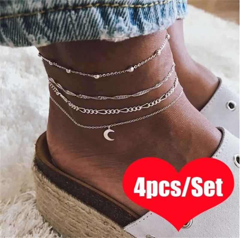 

Ankle Chain Moon Pendant Anklet Beaded 2019 Summer Beach Foot Jewelry Fashion Style Anklets for Women 4 pcs/Set