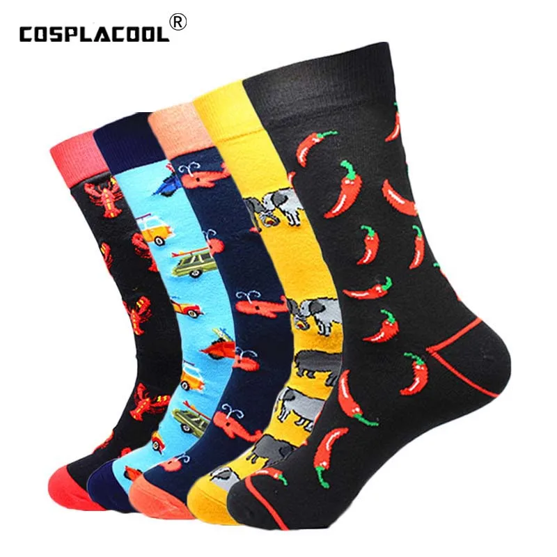 

[COSPLACOOL]Men Novelty Funny Socks Cotton Happy Colorful Crew Socks Men Dress Wedding Pug Creative Divertidos Clacetines Hombre