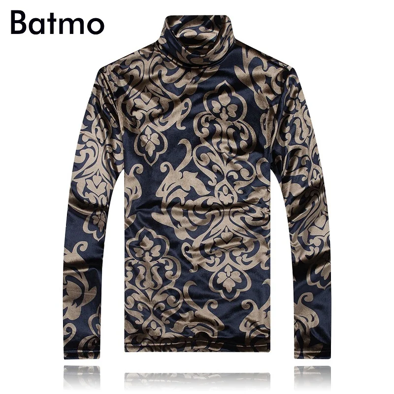 Batmo 2017 new arrival winter autumn turtlenck thick print t shirt men casual men s t