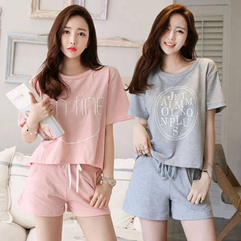 

2019 Summer Shorts Pajama Sets for Women Short Sleeve Sleepwear Cute Girls Can Wear Outside Pyjama Homewear Pijama Mujer Clothes
