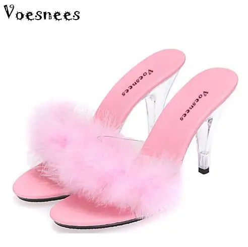 

Shoe Woman Slides Slippers 2018 Transparent Crystal Heels 10cm Weddings Shoe Sexy Big Yards Interest maomao Slipper