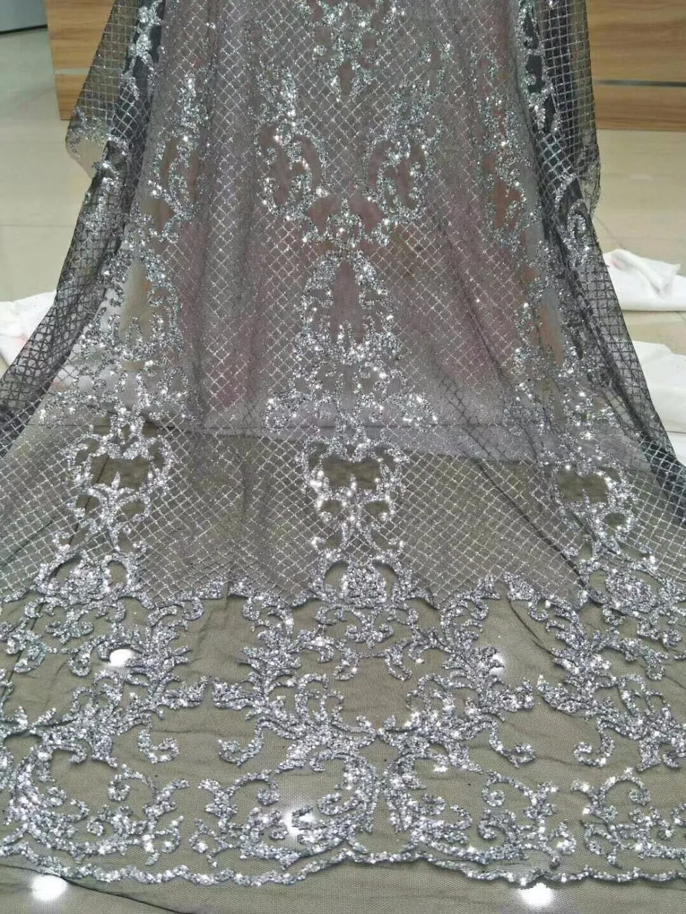 

unique design embroidery mesh material French tulle lace S-41520 with glued glitter for wedding dress