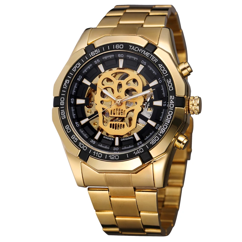 

Top Brand WINNER 2018 Luxury Mens Mechanical Watch Men Skull Golden Stainless Steel Skeleton Man Auto Wristwatches Male Clock