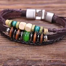 G57 серебро Мода Green Wood& камень Бусины кожаный браслет манжеты Для Мужчин's