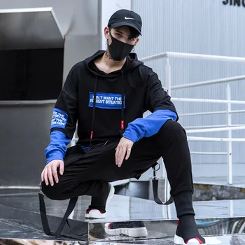 

Fashion Casual Streetwear Pullover Hoodie Male Long Sleeve Sweatshirts Mens Sleeve Hem Splice Hole Hip Hop Hooded Sweatshirt