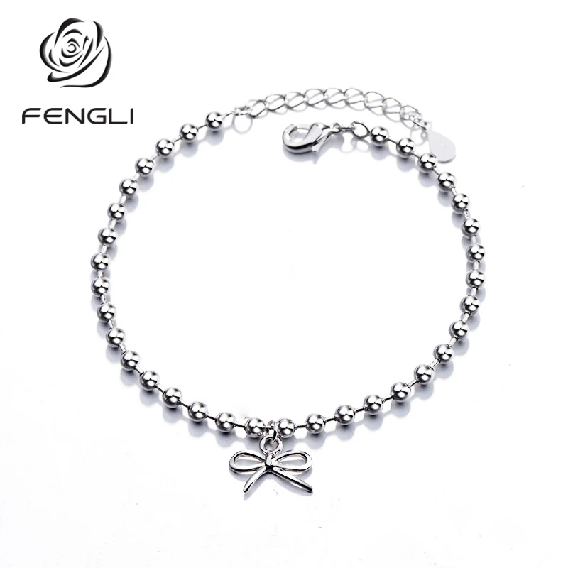 FENGLI Dainty Silver Color Bow Bracelet Friendship for Best Friends Sisters Minimalist Bowknot Chain Bangle Bead | Украшения и
