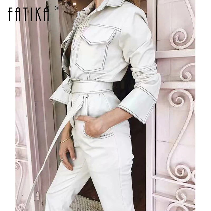 

FATIKA 2019 New Womens Clothing Cool Long Sleeve Sashes Jumpsuits Turn Down Collar Pockets Casual Solid Playsuits For Female