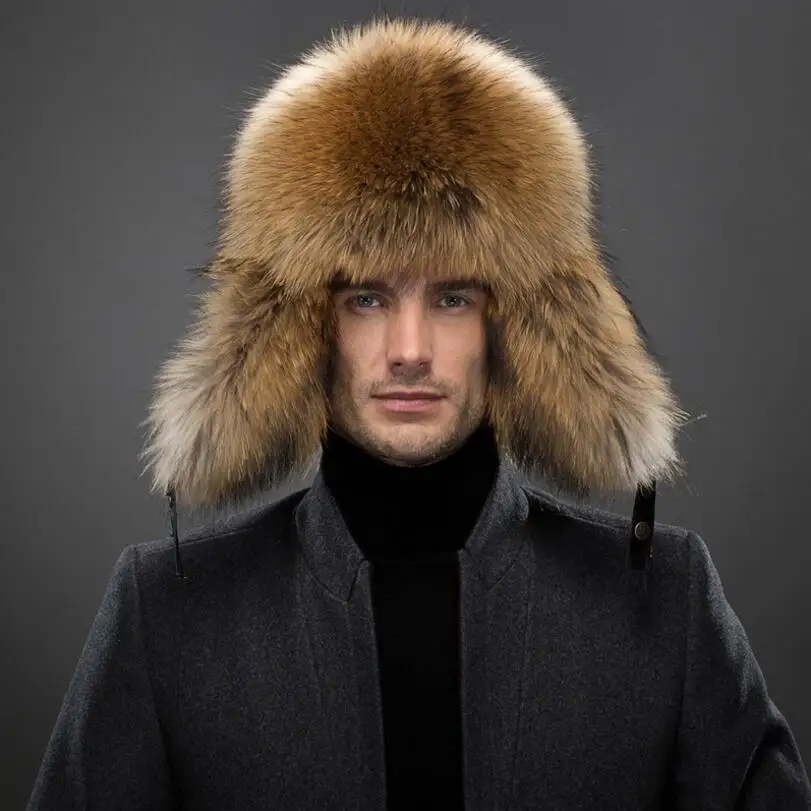 IANLAN Mens Full-pelt Blue Fox Fur Bomber Hats Real Raccoon Fur Earmuffs Hats Winter Outdoor Real Sheep Leather Caps IL00238 bomber crew beanie hat with full face covering