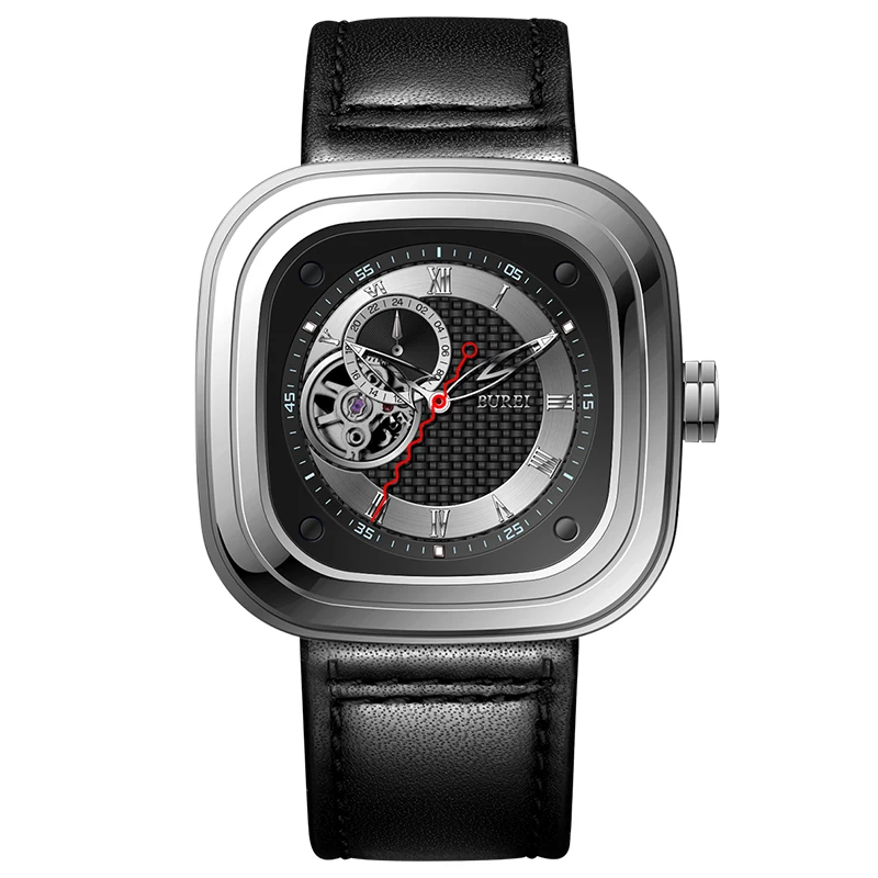 

BUREI geneva watch Switzerland brand skeleton Square japan Time Module NH39 24 jewels automatic Tourbillon Sapphire silver