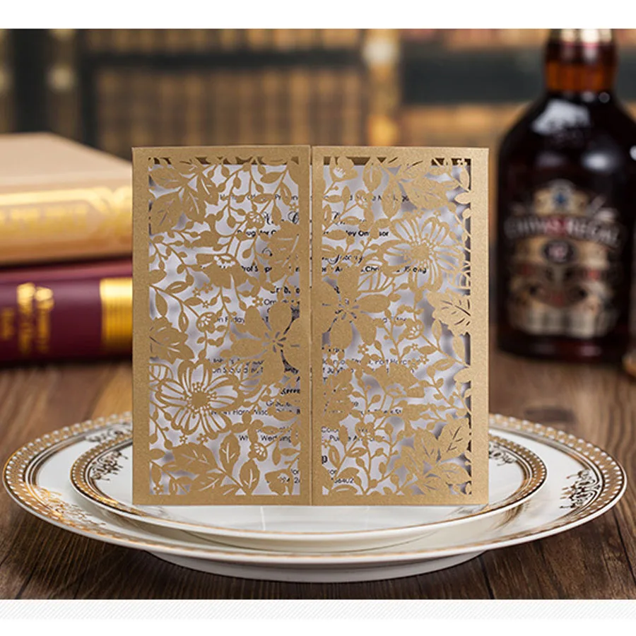 50pcs Gold Laser Cut Wedding Invitation Card Birthday Party Customize