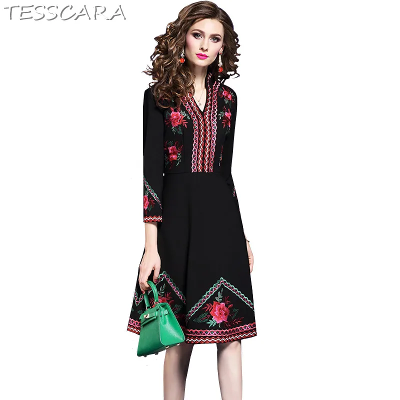 

TESSCARA Women Autumn & Winter Luxury Embroidery Dress Female Office Lady Robe Femme High Quality Floral Designer Party Vestidos