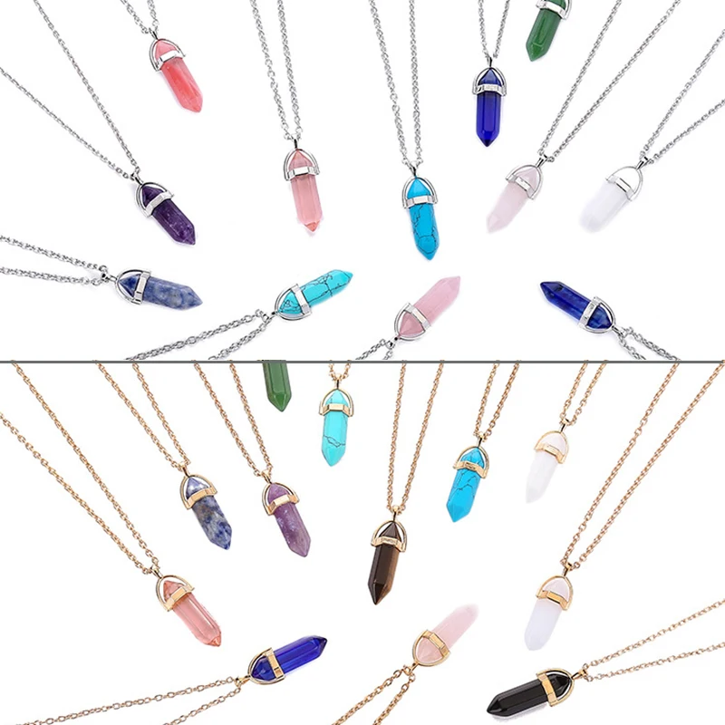 

Women's Opal Quartz Pendants Necklaces Set Fashion Natural Stone Bullet Pink Crystal Choker Gold Necklace For Women Jewelry