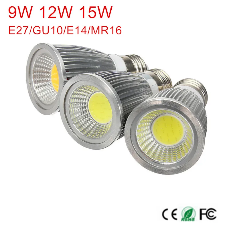 

Free shipping 1PCS Dimmable GU10 / E27 / E14 / MR16 / 9W 12W 15w COB AC85-265V/AC110V/220V/DC12V High Power Led Light Bulbs