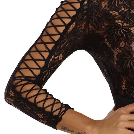 Dear Lover Bodysuit Women Elegant Romper Autumn Black Lace Lattice Long Sleeve Bodycon Playsuit Body Femme Club Jumpsuit LC32092