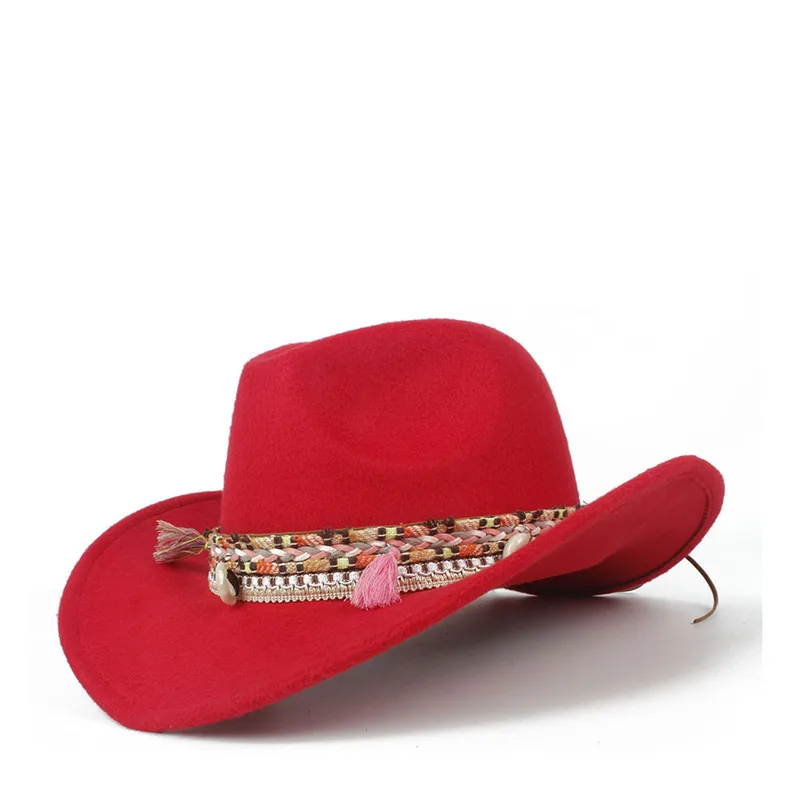 Женская шерстяная открытая западная ковбойская шляпа Женская Джаз Outback Jazz Toca сомбреро размер 56-58 см - Цвет: Red