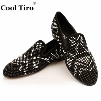 

COOL TIRO Graffiti Strass Men Loafers Black Suede Moccasins Slippers Rhinestones Men's Dress Shoes Wedding Flats Genuine Leather
