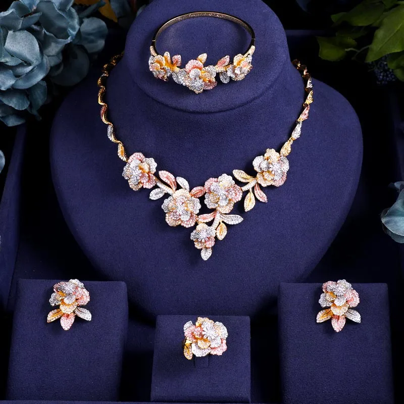 

janekelly Angel Luxury Rose Flower Super Shiny AAA Cubic Zirconia 3Tone Copper Necklace Earrings Bracelet Ring Full Set