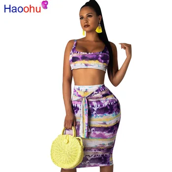 

Tie Dye Sexy Two Piece Bandage Dress Summer Clothes For Women Scoop Neck Sleeveless Party Dress High Waist Beach Bodycon Dress