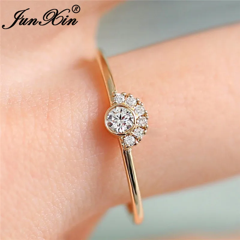 JUNXIN Stackable Crown Eternity Rings For Women 925 Silver Rose Gold Filled Small CZ White Crystal Minimalist Thin Ring Female