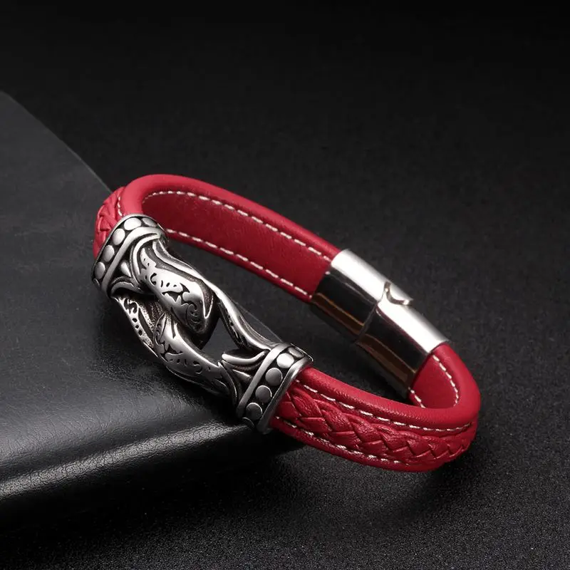

Vintage Handcuffs Stainless Steel Chain Link Cuff Bracelets Red Genuine Leather Men Women Fashion Sporty Charm Bracelet homme