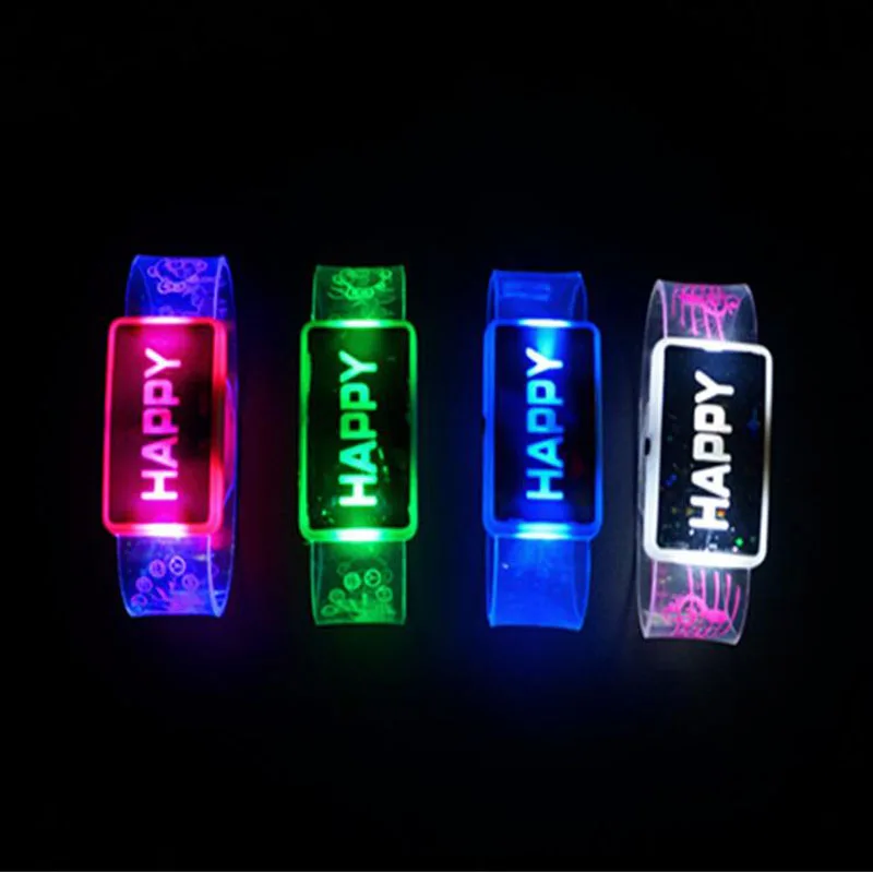 

Electric Light Up Luminous Flashing Happy Bracelet Festival Rave Children Led Glowing Bracelet Bangles for Kids Christmas Gifts