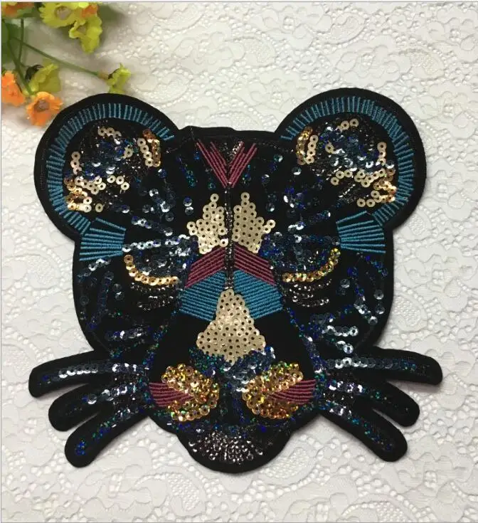 

Black leopard head Embroidery lace applique paillette fabric sweater clothes patch sequined stickers t-shirt diy decoration