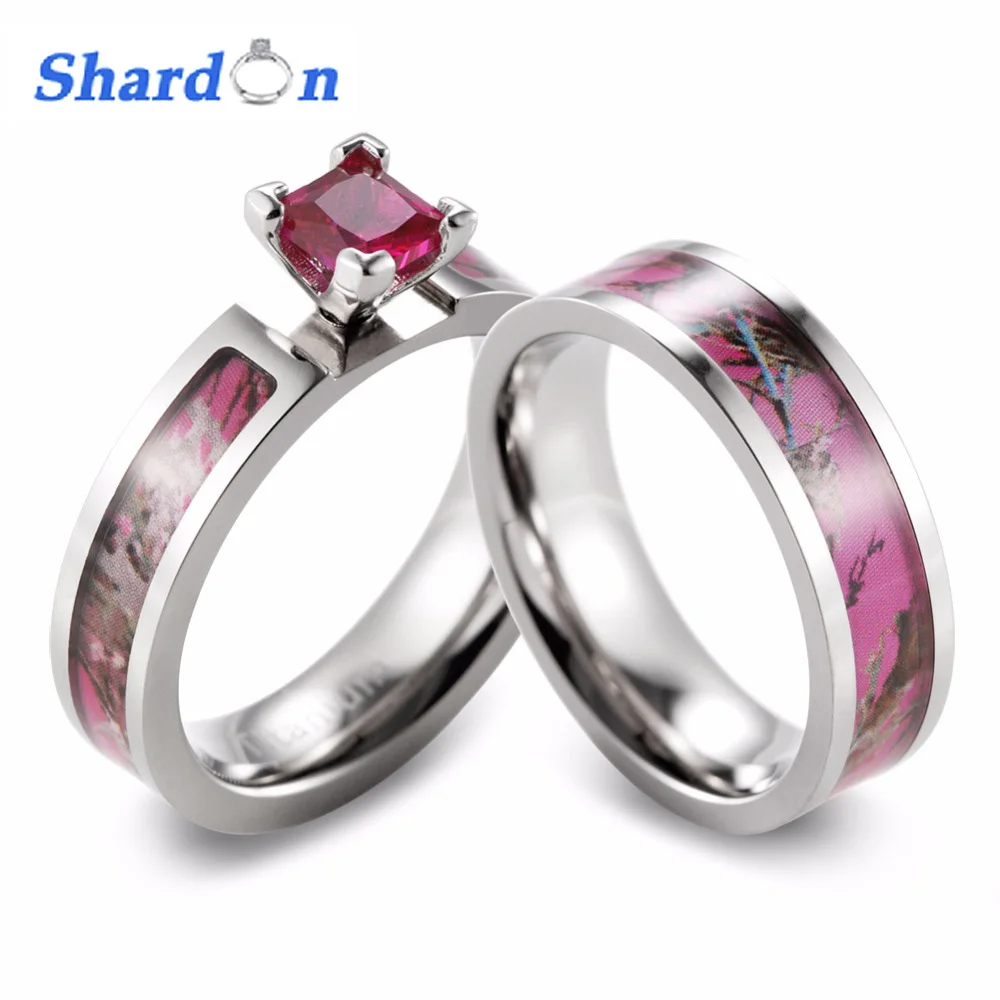 

SHARDON wedding and engagement jewelry romantic Women Camo Engagement Ring Set Titanium 4 Prong Setting Princess Red CZ stone