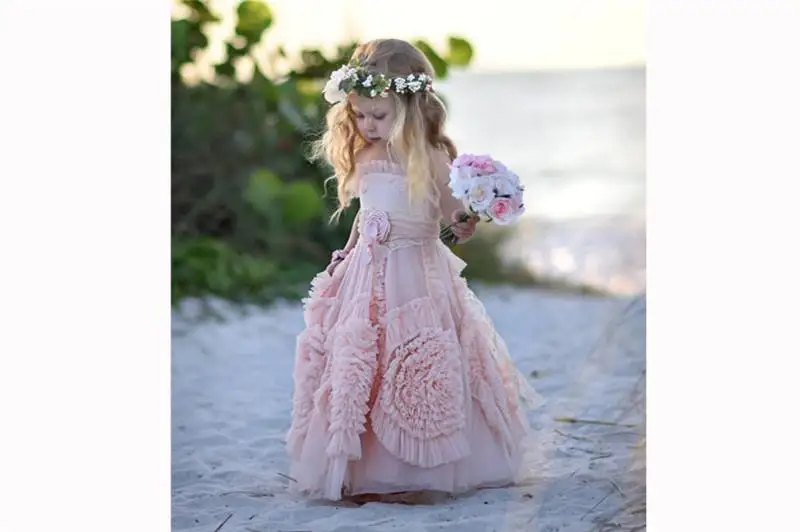 Cheap Pink Flower Girls' Dresses For Wedding 2018 Lace Applique Ruffles Kids Formal Wear Sleeveless Long Beach Girl's Pageant Gowns