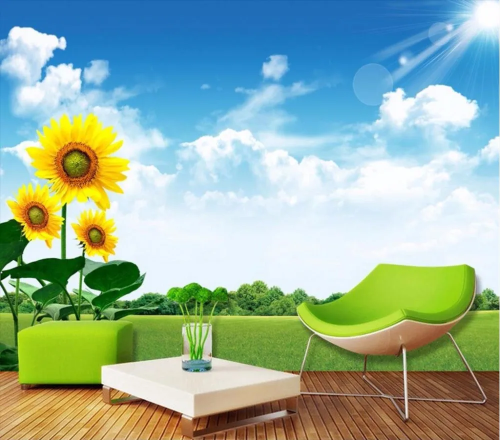 Custom mural 3d room wallpaper Sunflower grass blue sky white cloud decoration painting 3d wall