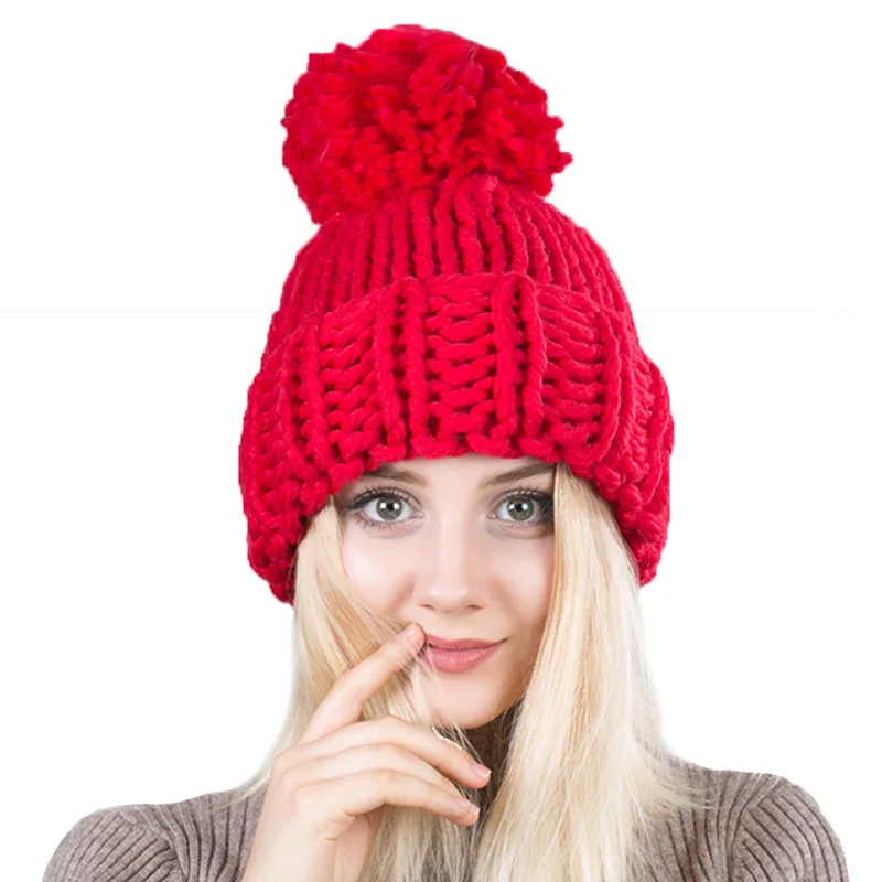 

Fluffy Pompom Hat Warm Soft Women's Knitted Wool Skullies Beanie Female Winter Cotton Hat knitted Thick warm Baggy Bonnet