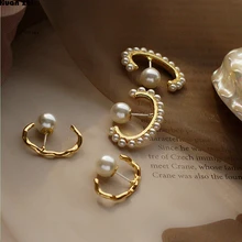 HUANZHI корейский шикарный стиль S925 Стерлинговое Серебро булавка Золотой Металл изогнутые волнистые линии жемчужные круглые серьги для женщин вечерние