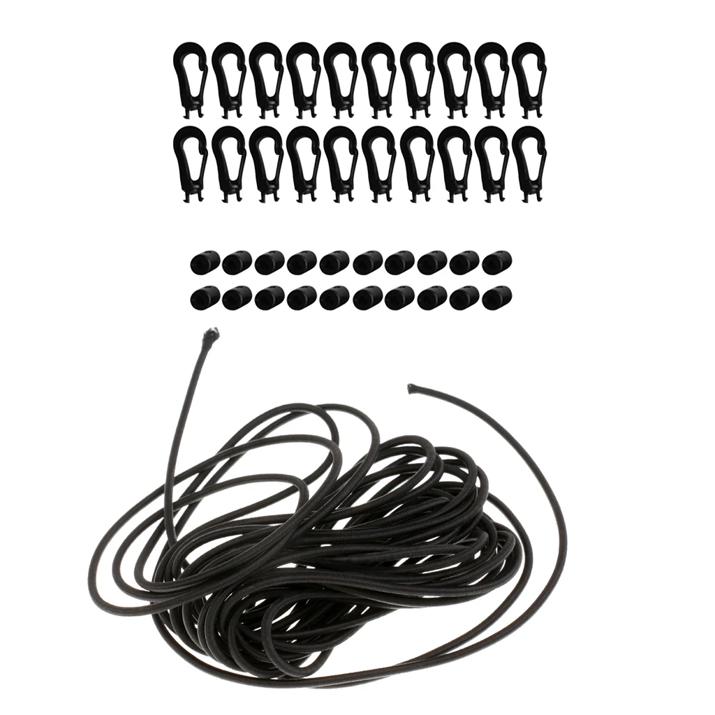 5m Tie Down Shock Bungee Cord With 20 Pcs 5mm Carabiner Hook Elastic Cord Rope End Plastic Buckle Outdoor Tools