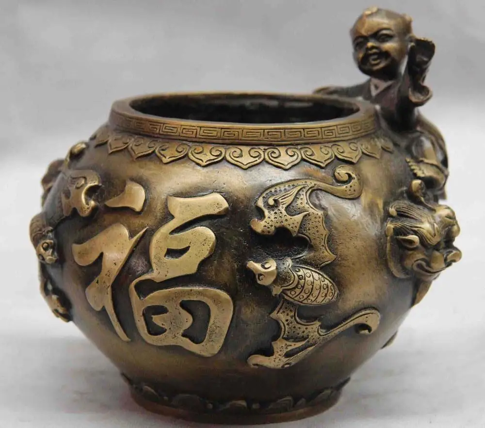 

China Bronze Copper Foo Dog Lion Head Bat Fu Blessing child Kid Tank Jar Pot